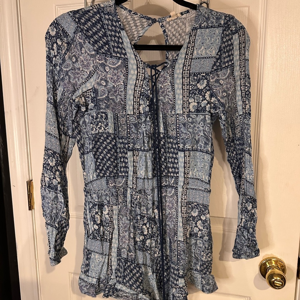 Blue Patchwork Long Sleeve Blouse